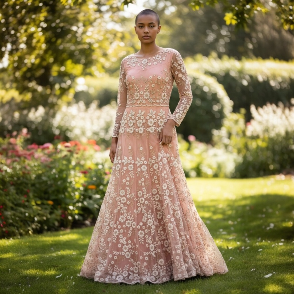 Custom Made Pink, White & Gold Heavily‎ Beaded Bridal Women's Dress, Large